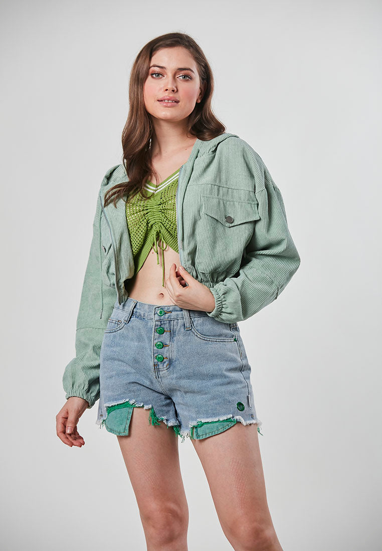 SUTTON - Trendy Crop Corduroy Hooded Jacket