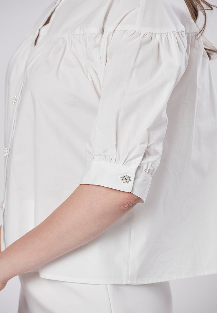 PAYTON - Collared Babydoll Shirt Blouse with Diamante Button