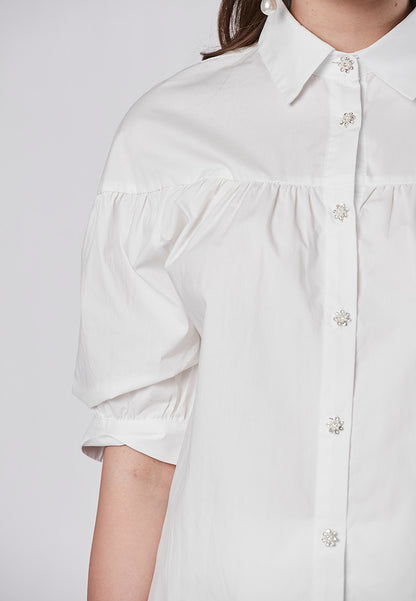 PAYTON - Collared Babydoll Shirt Blouse with Diamante Button