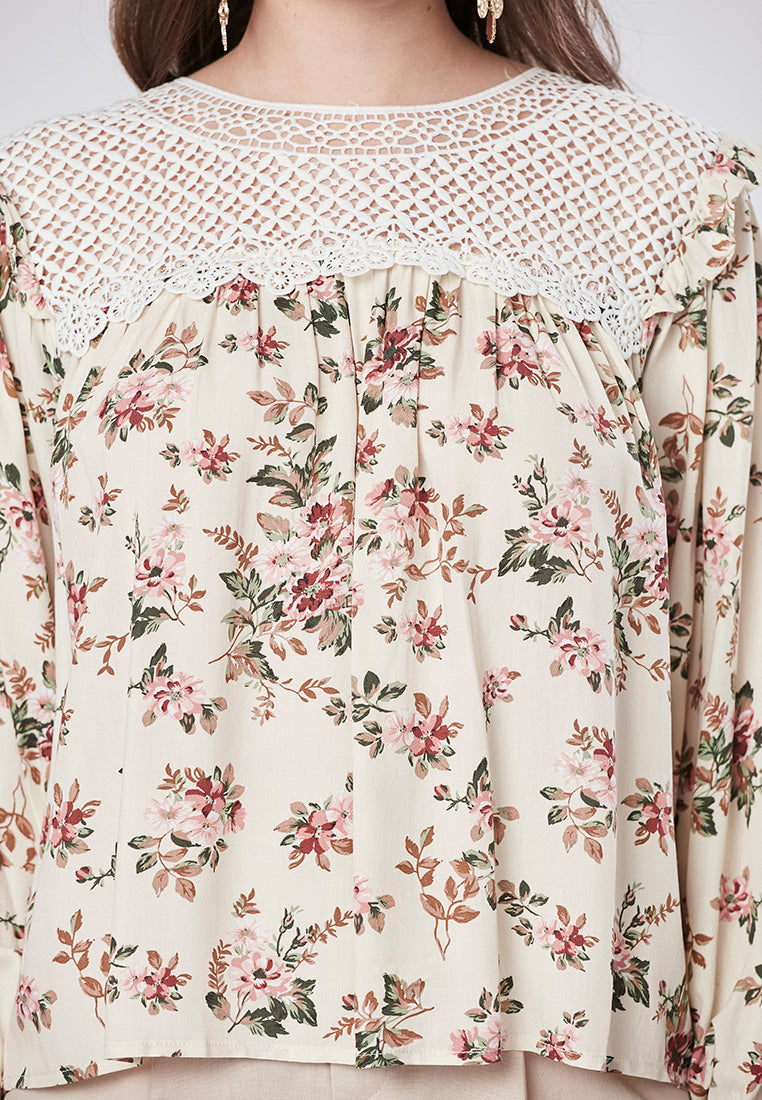 MIRIAM - Vintage Floral Blouse with Lace Yoke