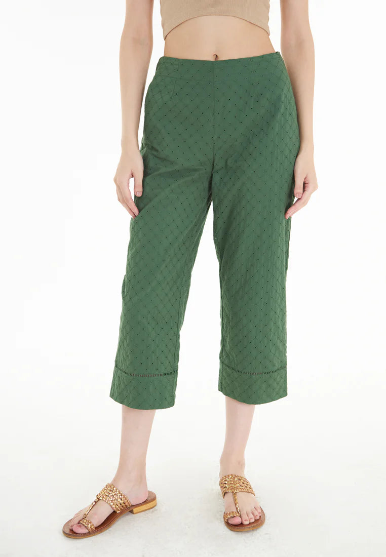 East India Company Jolie - Eyelet Embroidery Wide Leg 3/4 Pants - Green