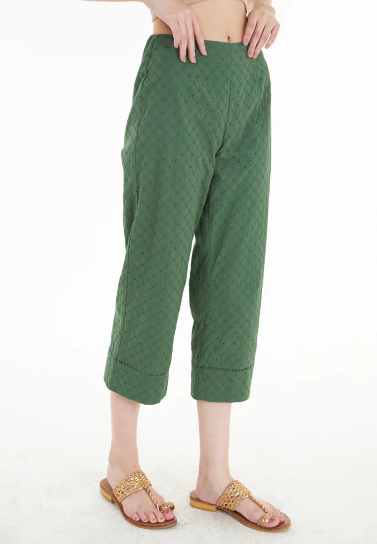 East India Company Jolie - Eyelet Embroidery Wide Leg 3/4 Pants - Green