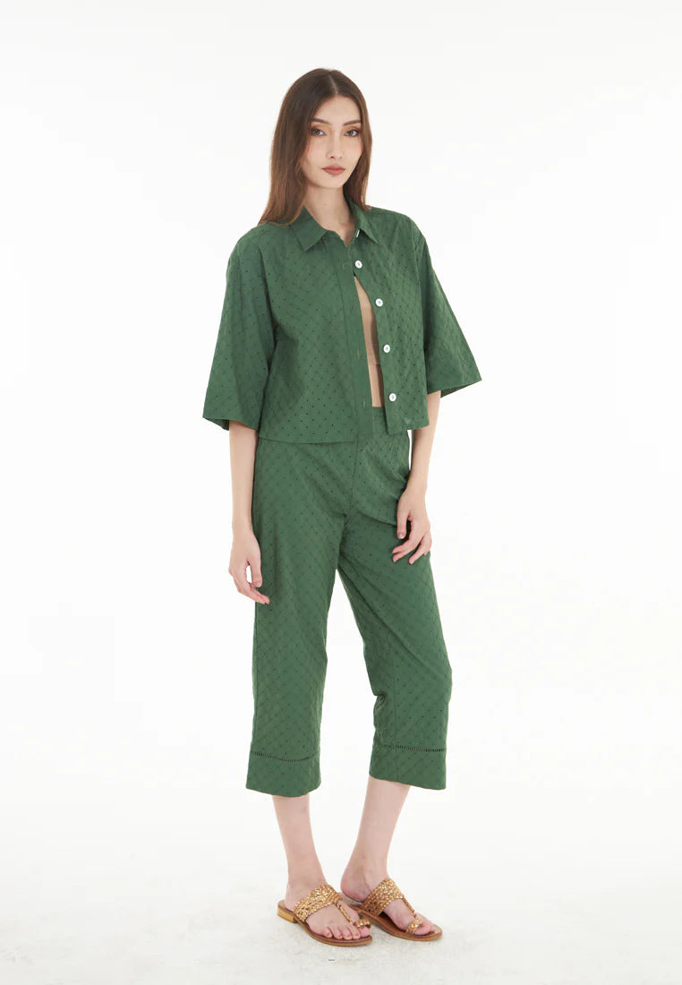 East India Company Jolie - Eyelet Embroidery Wide Leg 3/4 Pants - Green