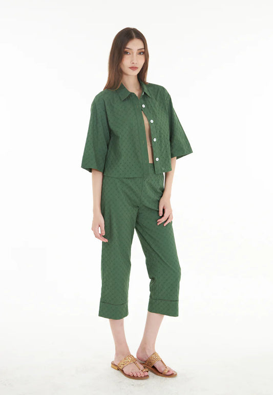 East India Company Jolie - Eyelet Embroidery Wide Leg 3/4 Pants - Green