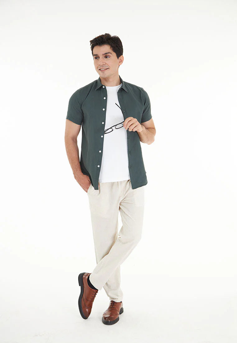 Kaden S/Sleeve Pure Linen Shirt - Dark Green