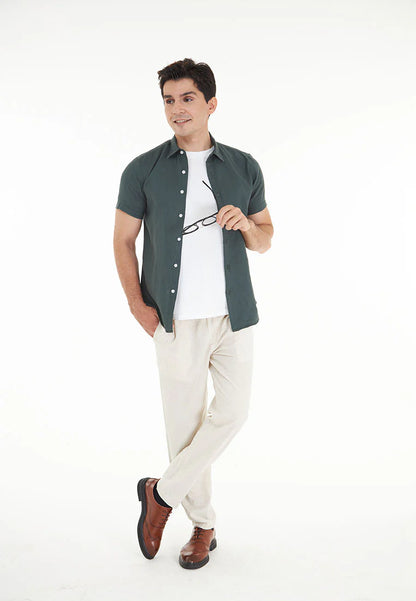 Kaden S/Sleeve Pure Linen Shirt - Dark Green