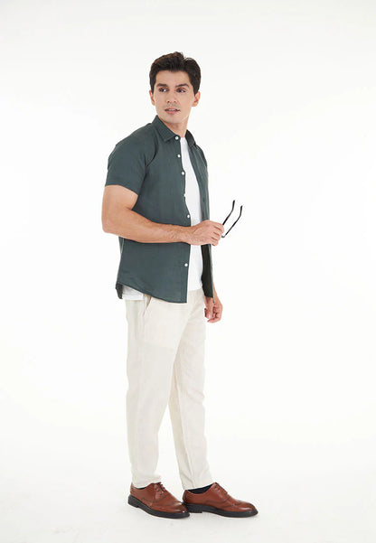 Kaden S/Sleeve Pure Linen Shirt - Dark Green