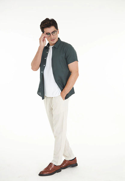 Kaden S/Sleeve Pure Linen Shirt - Dark Green