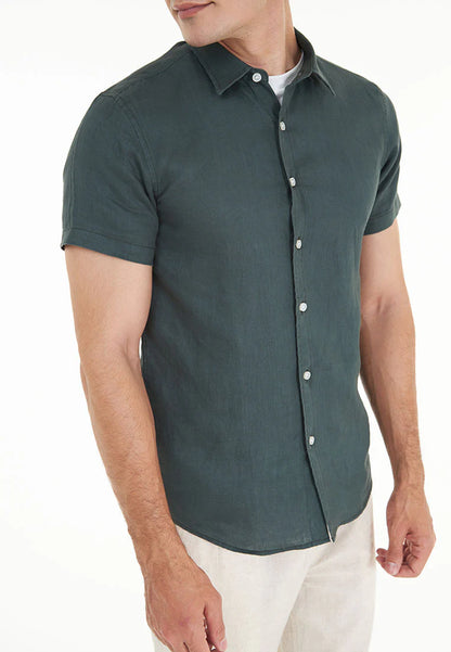 Kaden S/Sleeve Pure Linen Shirt - Dark Green