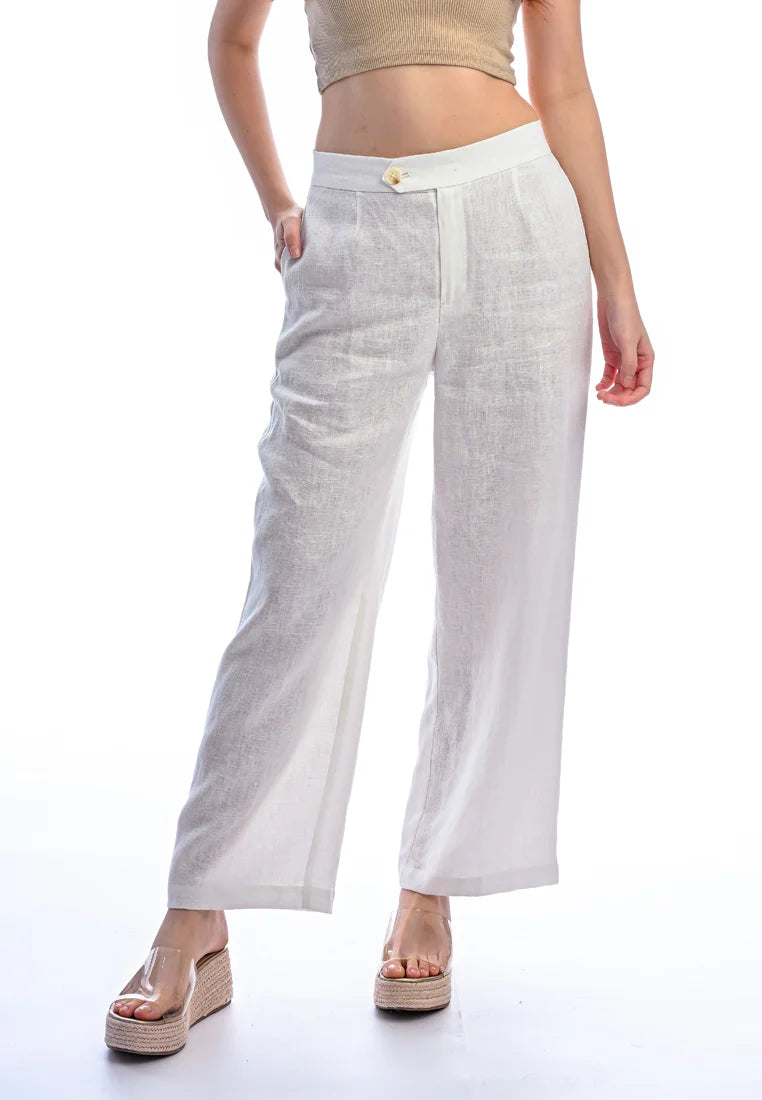 East India Company -Kay, Normal Waist Wide-Leg Linen Pants - Ivory