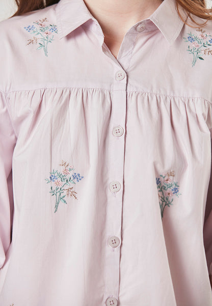 CATALEYA - Babydoll Shirt Blouse with Front  Allover Embroideries
