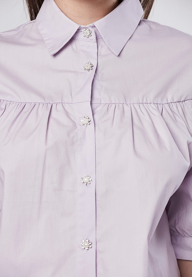 PAYTON - Collared Babydoll Shirt Blouse with Diamante Button