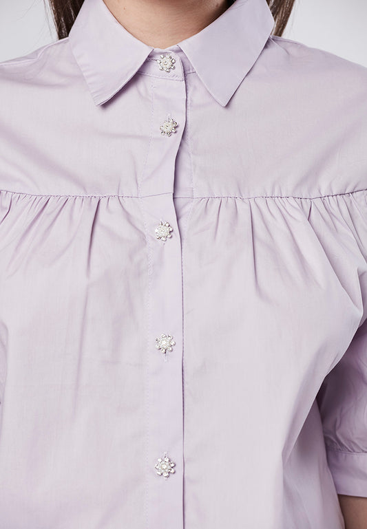 PAYTON - Collared Babydoll Shirt Blouse with Diamante Button