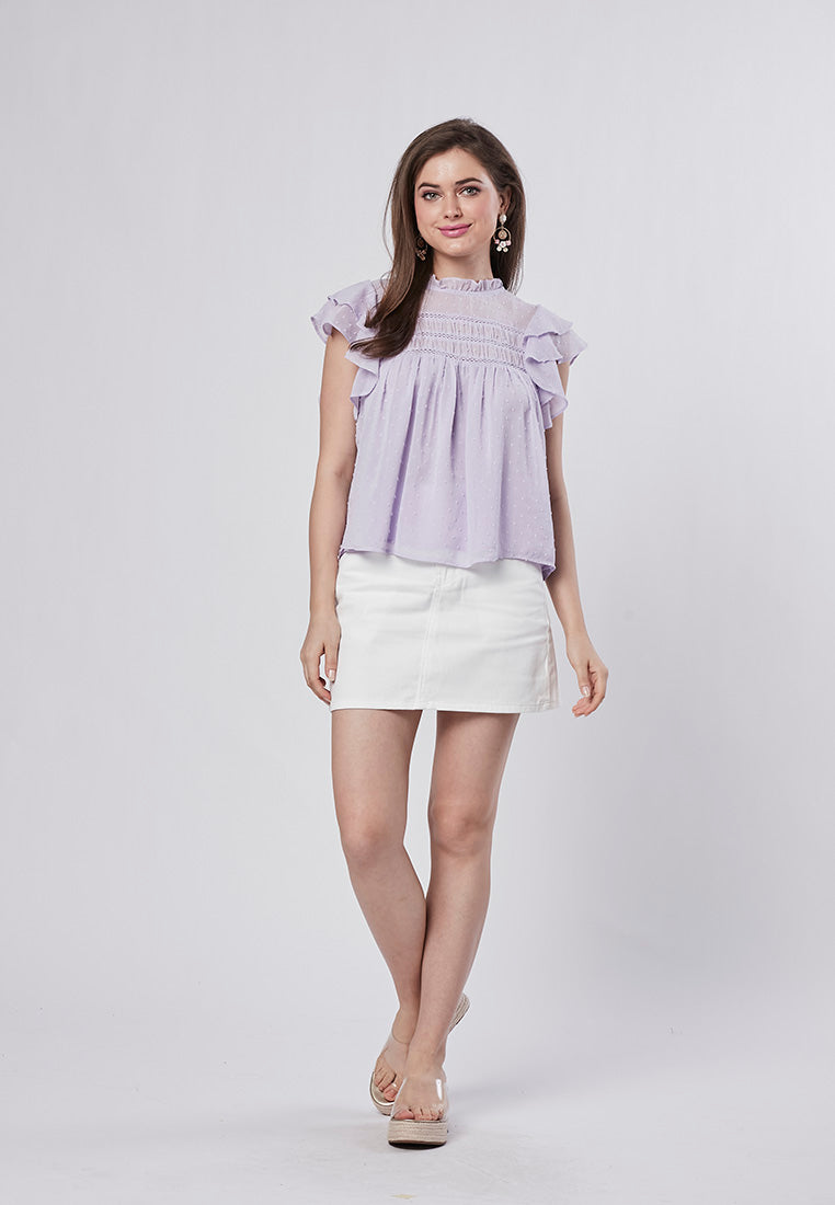 ALAYNA - Petite Ruffle Sleeve Blouse in Swiss Dot Chiffon