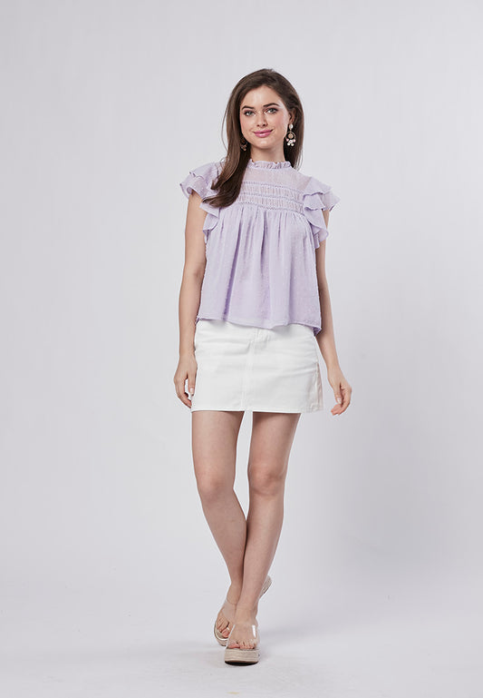 ALAYNA - Petite Ruffle Sleeve Blouse in Swiss Dot Chiffon