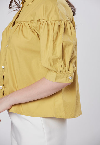 PAYTON - Collared Babydoll Shirt Blouse with Diamante Button