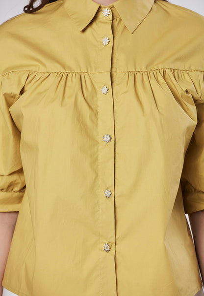 PAYTON - Collared Babydoll Shirt Blouse with Diamante Button