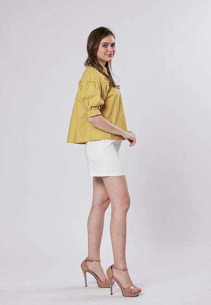 PAYTON - Collared Babydoll Shirt Blouse with Diamante Button