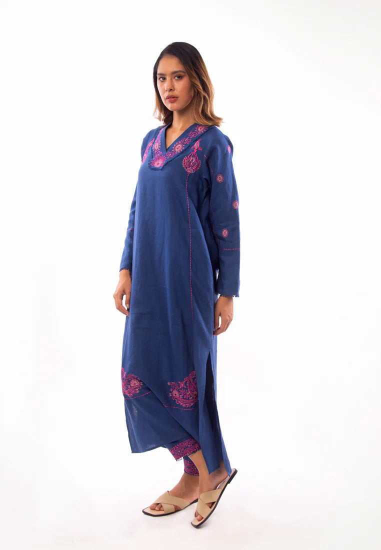 East India Company - Nova Embroidered Long Sleeve Tunic Dress - Indigo