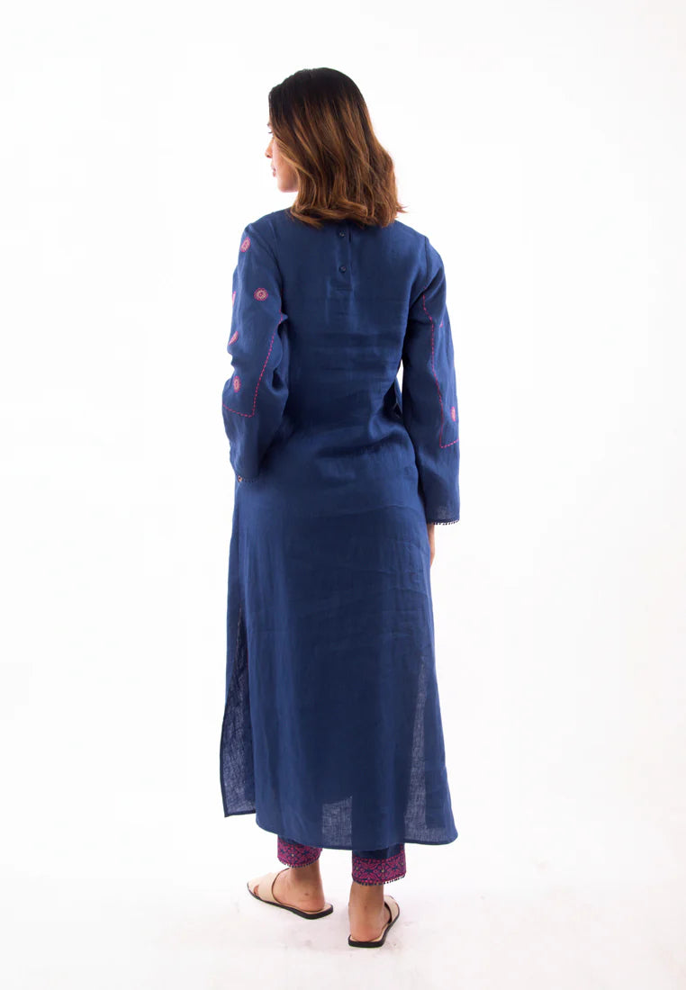 East India Company - Nova Embroidered Long Sleeve Tunic Dress - Indigo
