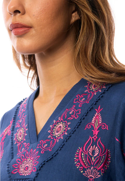 East India Company - Nova Embroidered Long Sleeve Tunic Dress - Indigo