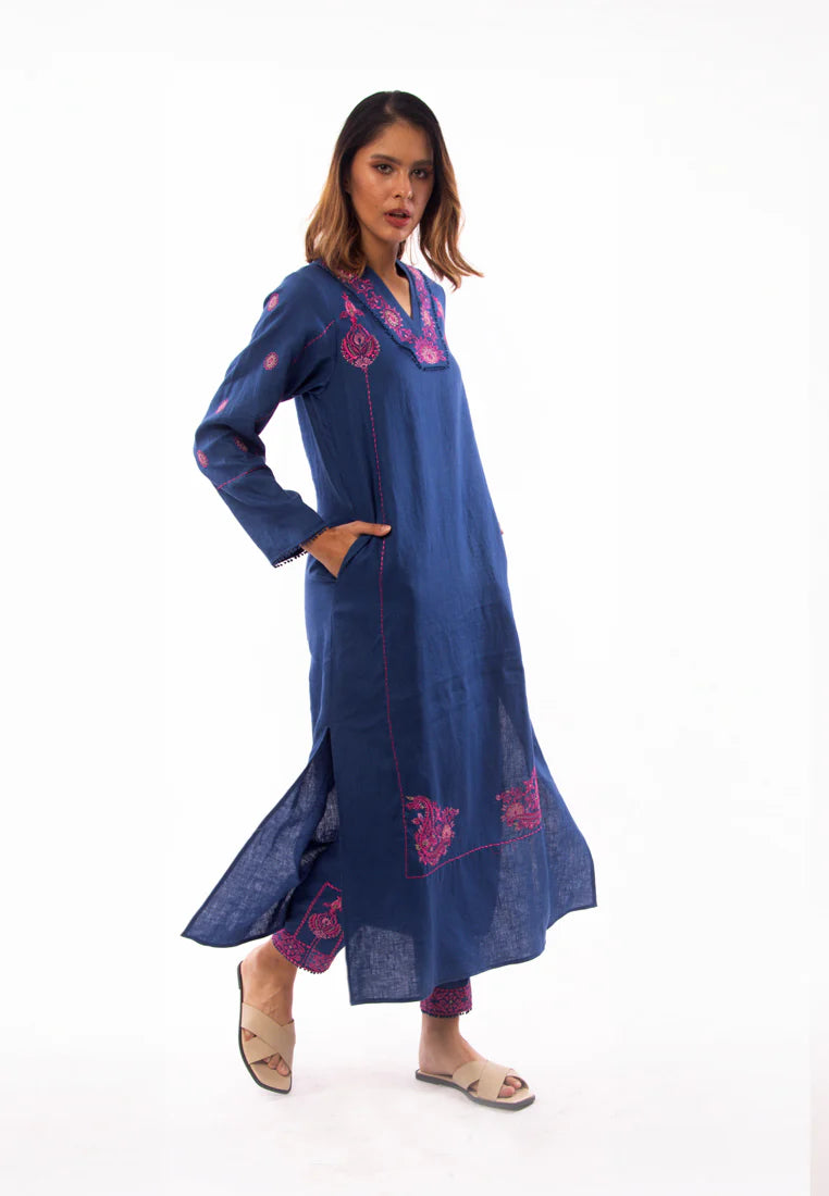 East India Company - Nova Embroidered Long Sleeve Tunic Dress - Indigo