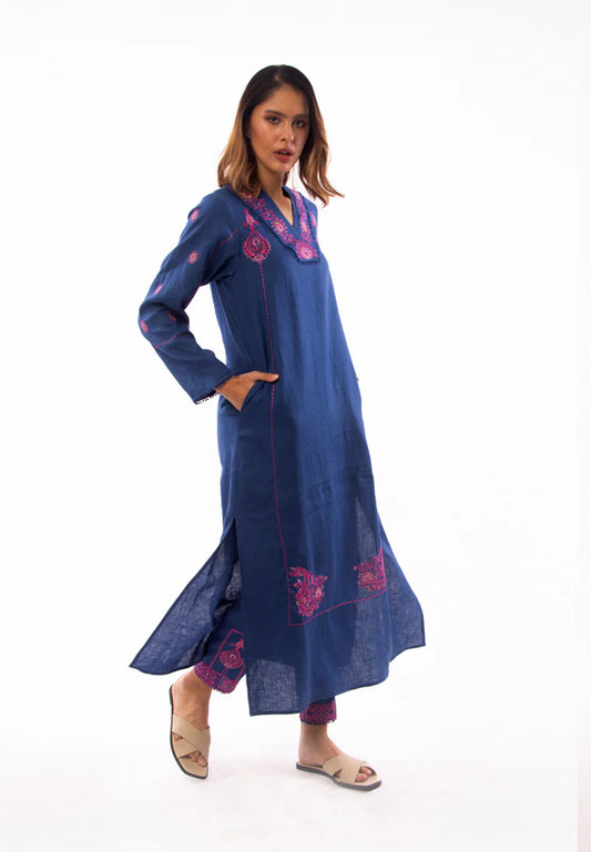 East India Company - Nova Embroidered Long Sleeve Tunic Dress - Indigo