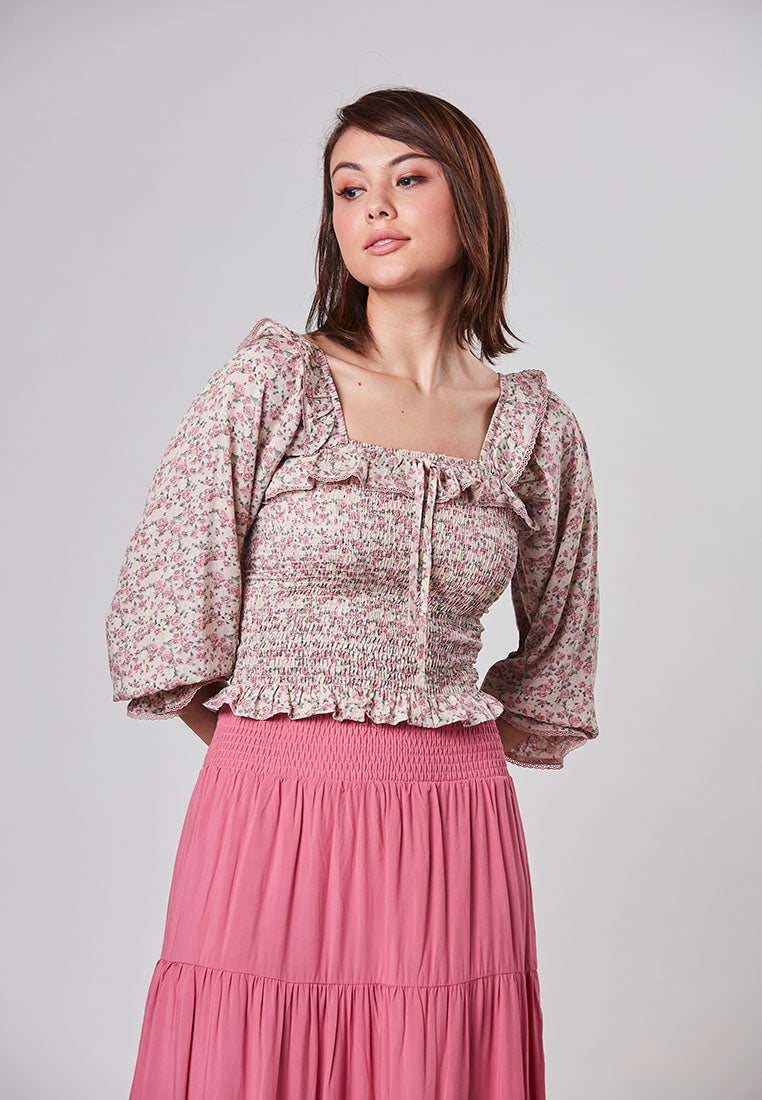 AYLA - Cropped Smocking Floral Top