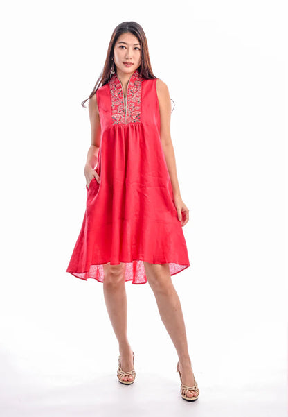 East India Company -Ruth, Embroidered Sleeveless Collared Midi Dress