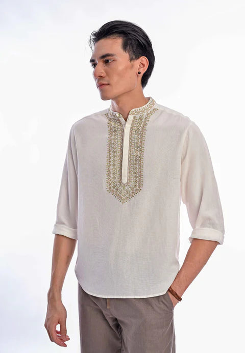 Indie Batik - Sai Men Regular Fit Long Sleeve Embroidered Shirt White