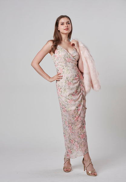 AMAYA - Floral Diamante Draped Maxi Dress