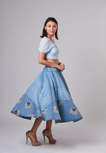 REAGAN - Midi Denim Skirt in textured fabric and Embroidered