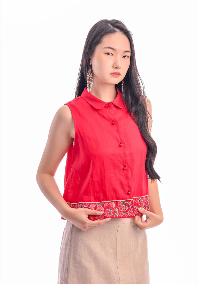 East India Company -Viola, Embroidered Sleeveless Button-Up Blouse